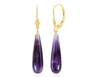 14K Gold Purple Amethyst Earrings - Yellow or White Gold, 30x8mm Natural Smooth Teardrops