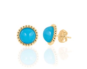 Genuine Sleeping Beauty Turquoise Earrings Studs in 14K Gold Filled - Available in Three Sizes