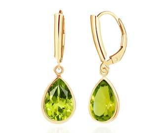Peridot Drop Earrings, 14K Gold Filled, Bezel Set, Shield Leverback