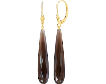 14K Gold Smoky Quartz Earrings - 40x8mm Teardrops, Brown Gemstone Jewelry