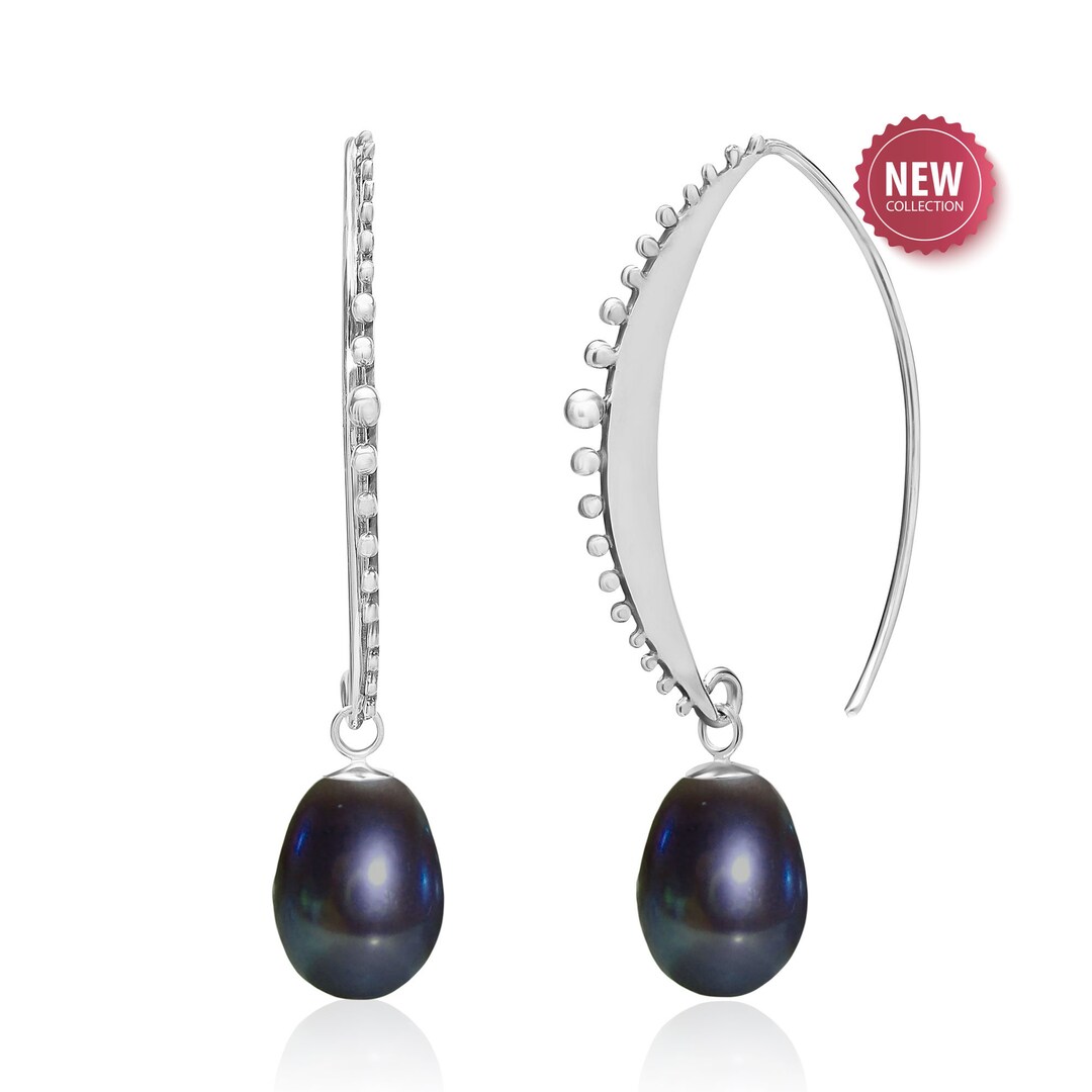 Long Black Pearl Drop Earrings in Sterling Silver, Black Pearl Jewelry ...