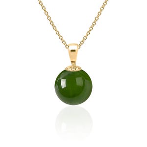 Elegant 14K yellow gold jade pendant necklace, featuring a 10mm green nephrite jade gemstone, perfect 12th or 35th anniversary gift.