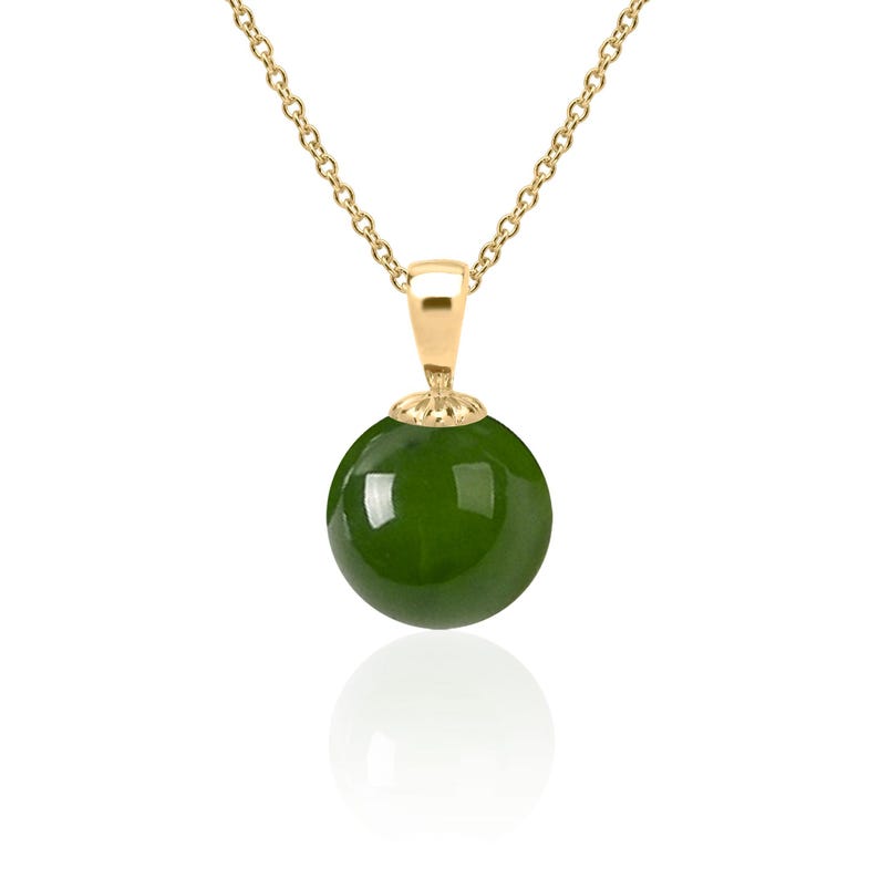 Elegant 14K yellow gold jade pendant necklace, featuring a 10mm green nephrite jade gemstone, perfect 12th or 35th anniversary gift.