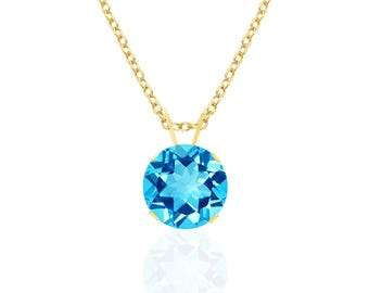 14K Gold Swiss Blue Topaz Pendant Necklace, 8mm Round Solitaire