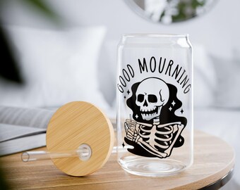 Good Mourning Skeleton Coffee Sipper Glass | 16oz Reusable Straw Tumbler