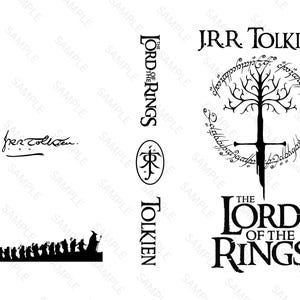 Puede incluir: Ilustración en blanco y negro de un árbol con una espada que lo atraviesa, rodeado de un círculo de texto que dice "El Señor de los Anillos". El texto "J.R.R. Tolkien" aparece sobre la ilustración. Debajo de la ilustración, el texto "El Señor de los Anillos" vuelve a aparecer, con la palabra "Tolkien" debajo.