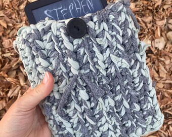 Upcycled Tattered Material E-Reader Sleeve | Homemade Crochet with a Purpose
