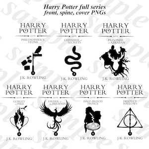 Peut inclure: Illustrations graphiques en noir et blanc des couvertures de la série de livres Harry Potter. Chaque couverture présente un design unique, comme un serpent, un cerf et un phénix. Le nom de l'auteur, J.K. Rowling, est en dessous.