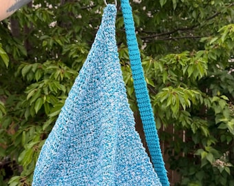 Handmade Crochet Blue & White Large Slouch Bag