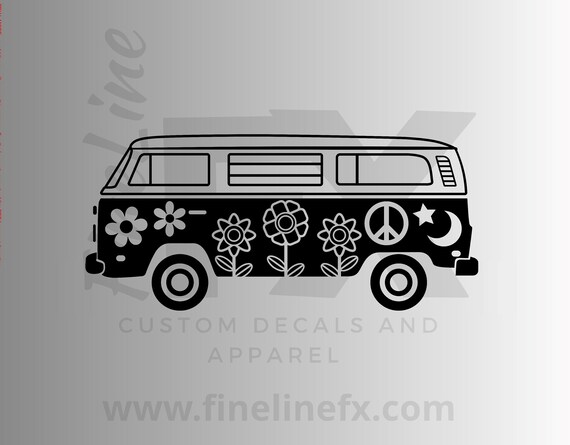 Vw Hippie Van With Peace Signs And Flowers Vinyl Decal Sticker Etsy