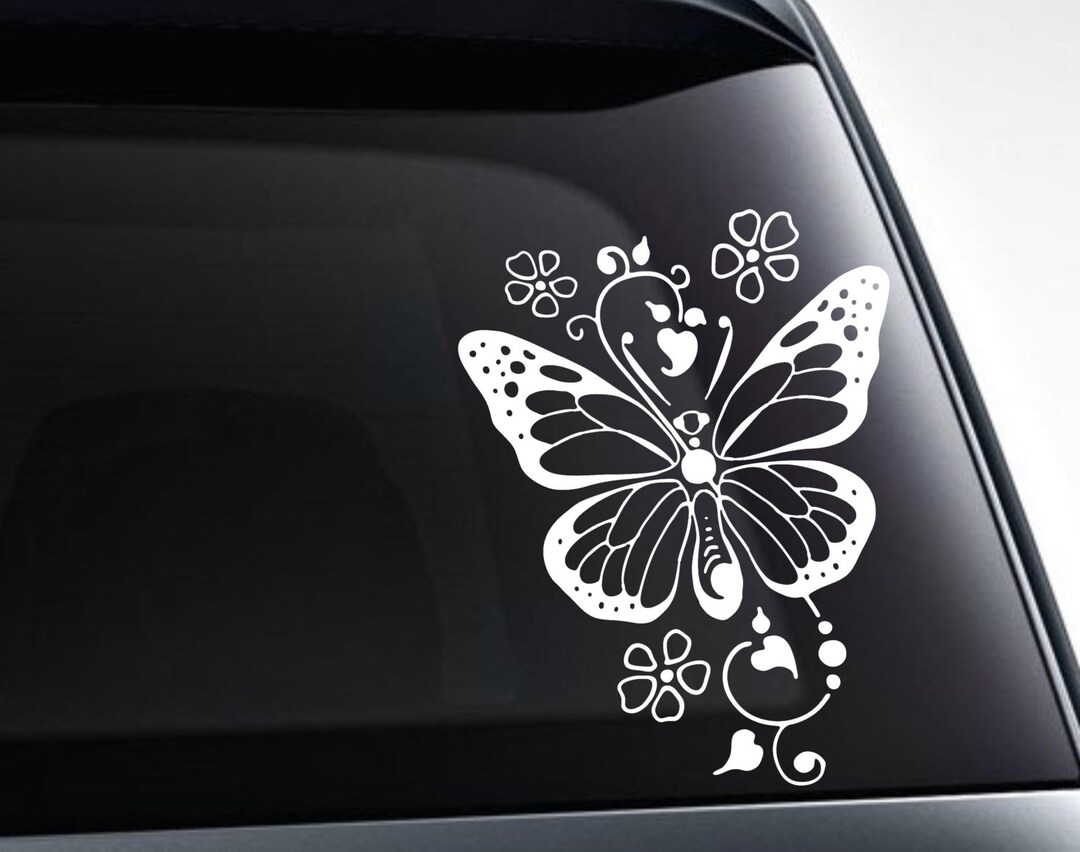 Butterfly With Hearts and Flowers Vinyl Decal Sticker / Cute Decal for