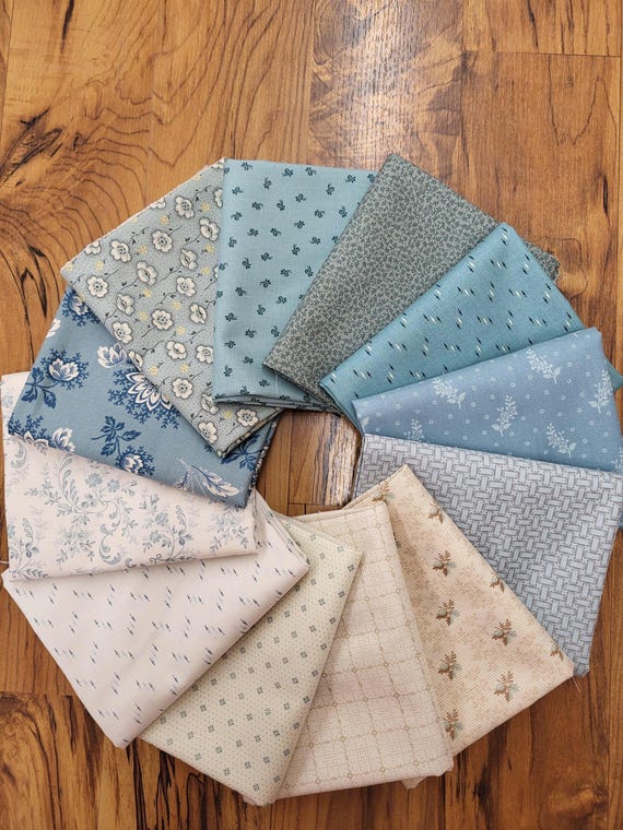 Cottagecore Fabric Bundle: Blue, Cream Floral Prints, 12 Fat Quarters