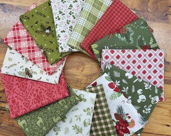 Mushroom and woodsy style Christmas fat quarters bundle of 14 quality cotton prints.  Poinsettias,  pine, mushrooms,  deer and more. Olive