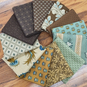 Peacock teal and taupe majestic fat quarters bundle of 12 high quality cottons. Teal green, brown, gold and light green. Civil War prints