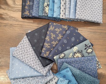 Civil War country denim blue fat quarters fabric bundle of 12 quality cotton prints.  Lighter country blue to medium and navy. Denim color