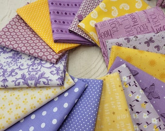 Lavender and lemon coloring fat quarters fabric bundle of 15 quality cotton prints.  Great for spring, Easter, baby and more fun projects.