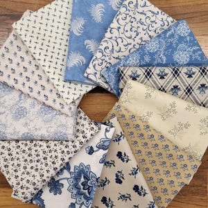 Hints of Blue and Backgrounds fat quarters bundle of 12 quality cotton Civil War prints. Shirtings, light blue coloring. Great collection.