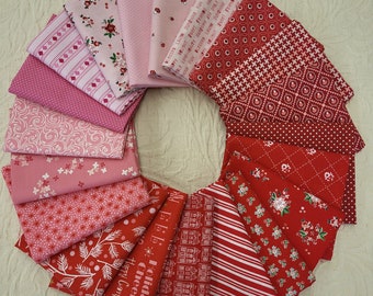 Pink and red cheerful fat quarters fabric bundle of 20 fun, bright, cheery sweet prints. A few Christmas,  floral, check and more