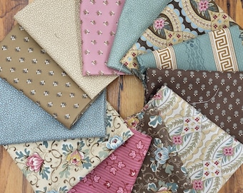 Civil War prairie fat quarters fabric bundle of 12 assorted quality cotton prints. Soft subtle coloring. Mauve, tan, chocolate and more.