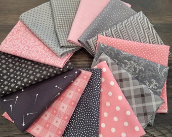 Charcoal gray and pink fat quarters fabric bundle of 14 quality cotton prints.  Sweet dots, pins, plaid, checks and floral. Sweet fun quilt