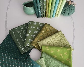 Shades of Teal and green fat quarters fabric bundle.  10 assorted cotton prints.  Civil War, words, floral and more.  spruce to chartreuse