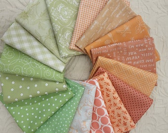 Peach and Spring Green fat quarters fabric bundle of 16. Sweet little prints, dots, stars, plaid and more. Soft pastel coloring. Great quilt