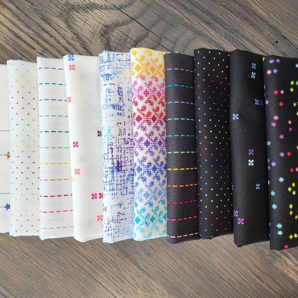 Colorful black and white fat quarters fabric bundle. Low volume, black backgrounds. Pop of bright colors. Quality cotton. 10 assorted prints