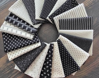 79. Onyx and ivory fat quarters fabric bundle of 20 Civil War prints.  Positive and negative, cream and black. Quality cotton. Shirtings.