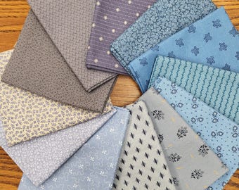Blueberry blue color fat quarters fabric bundle of 12 quality cotton prints.  Civil War, floral plaid and more. Beautiful collection.