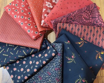 Red Black Fat Quarter Bundle, 12 Fat Quarters, Red Quilt Fabric, Black Quilting Cotton, Traditional Quilt Fabric