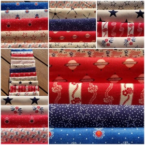 101. American Pride Fat quarters fabric bundle of 12 assorted prints. A fun coloring of red, white and blues. Stars, civil war prints.