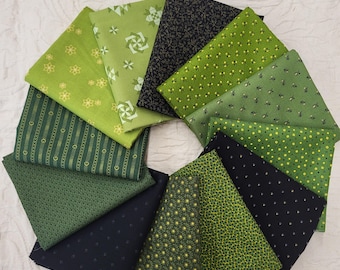 Chartreuse, Onyx and green fat quarters fabric bundle of 12 quality cotton prints. Unique, rich coloring great for trees, Civil War, tractor