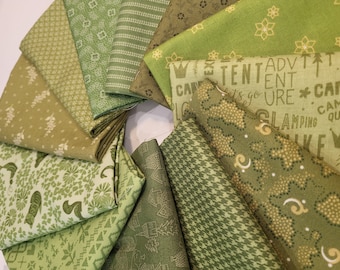 33.Olive and spring green mix fat quarters fabric bundle of 12 assorted cotton prints.  Quality,  fun, fresh, stripe, words, houses, flowers