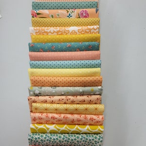 5.Lemon, Peach and Green Summer fun fat quarters fabric bundle.  20 quality cottons. Art Gallery, Marcus Bros, and more. Sweet soft coloring