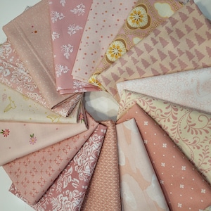 49. Blush pink fat quarters fabric bundle of 15 quality cotton prints.  Fun, fresh, florals, prints and designs. Pink blush blossom coloring