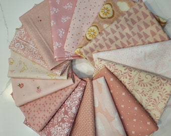 Blush pink fat quarters fabric bundle of 15 quality cotton prints.  Fun, fresh, florals, prints and designs. Pink blush blossom coloring