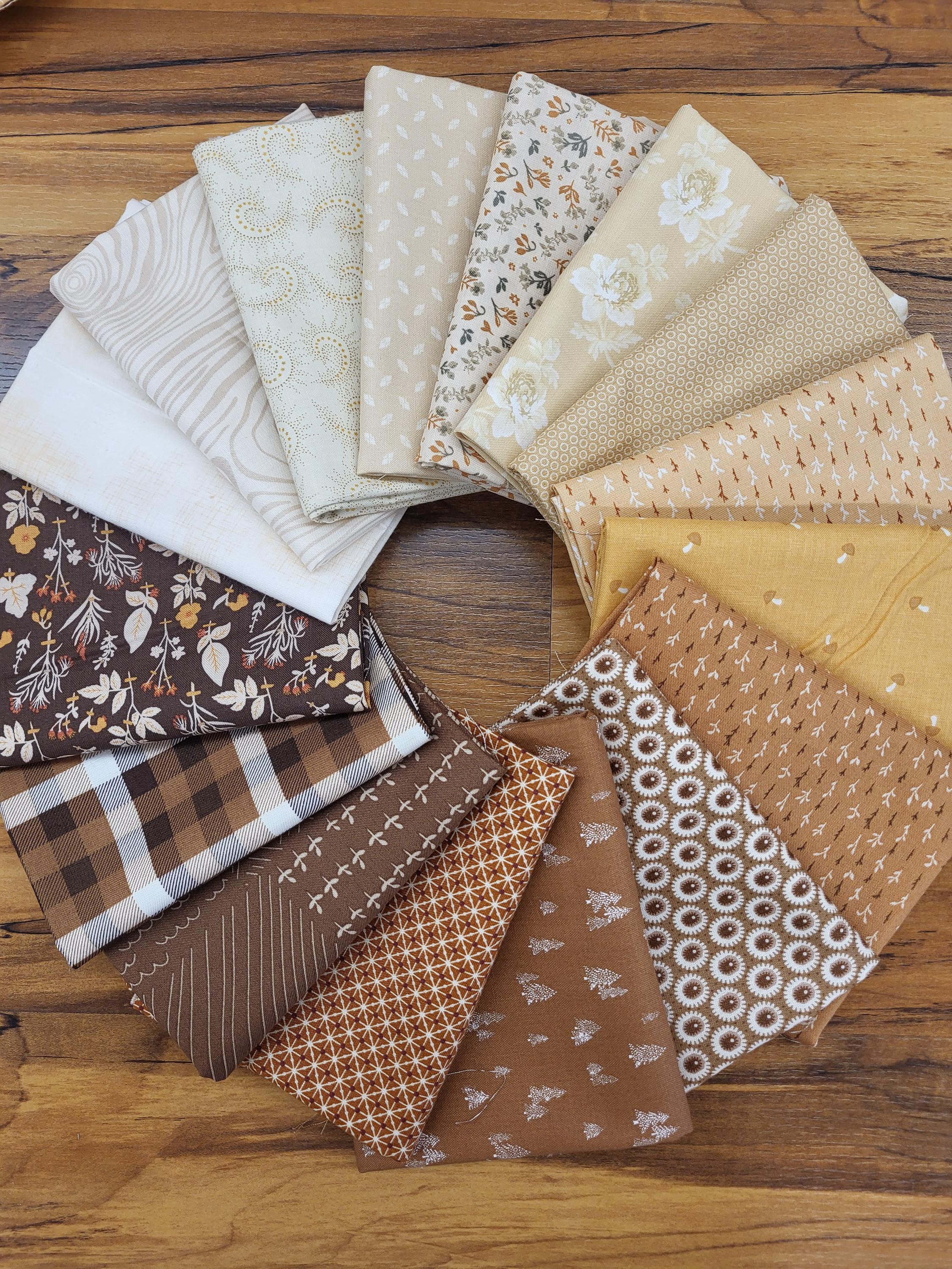 Caramel and Vanilla colored fat quarters fabric bundle of 16 quality cottons. A mix of Civil War, florals and more. caramel, tan, brown