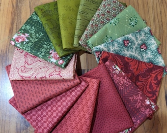 Green and Ruby red Fat Quarter Bundle, 14 Fat Quarters,  Quilt Fabric, Vintage Quilting Cotton, Floral Quilt Fabric. Quality cotton
