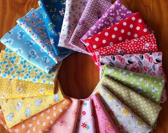 Sweet vintage print fat quarters bundle of 19 quality cotton prints.  Rainbow of red yellow, orange, blue, green lavender teal. 30s  dots