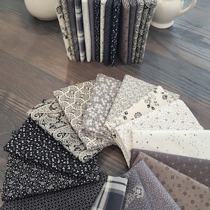 34.Onyx, Ash, Grey and Cream fat quarters bundle of 15 quality cotton prints.  Civil War, plaid, floral Paisley and more. Gentleman&#39;s choice