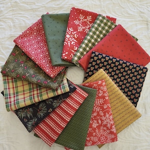 55.Vintage Rustic Christmas fat quarters fabric bundle of 13 quality cotton prints and plaids. Homespun appeal. Rustic red, green and beige.