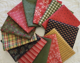 Vintage Rustic Christmas fat quarters fabric bundle of 13 quality cotton prints and plaids. Homespun appeal. Rustic red, green and beige.