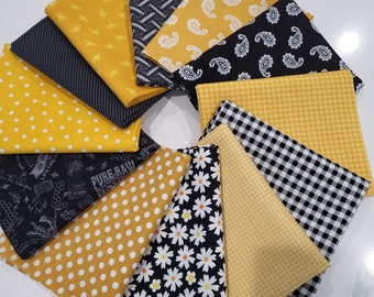 Black and Gold Bumblebee fat quarters bundle of 12. Checks, Paisley, dots and more. Fun, bright, Hawkeye colors. Honey bees, black and white