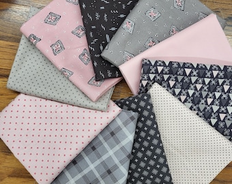 Pink and Gray Cotton Fabric Fat Quarters, Quilting Prints, 10 Piece Set