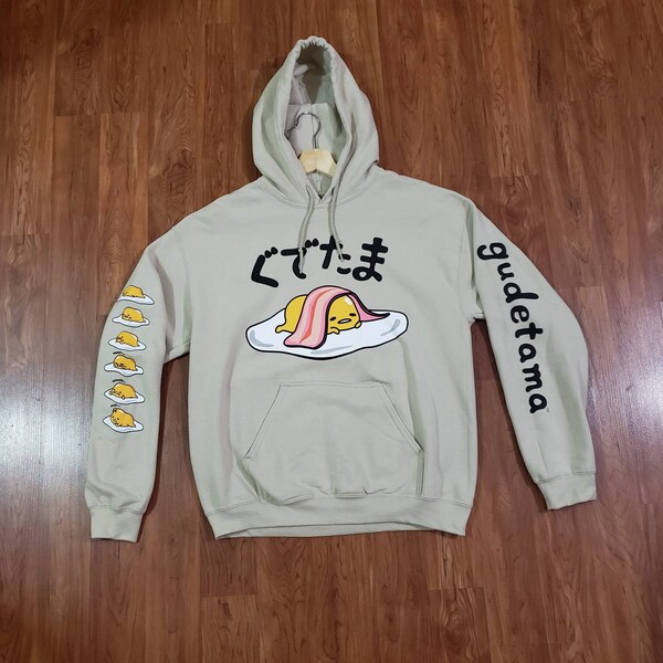 New Gudetama The Lazy Egg Japanese Sanrio Beige Pullover Hoodie adult Small holiday gift heavy screen printed sleeve sweater official merch