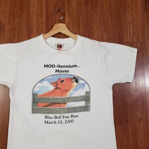 Vintage y2k 2000s Blue Bell Ice cream company shirt white tshirt adult Medium Moo-llennium mover fun run dated 3/25/2000 Millennium cow image 7