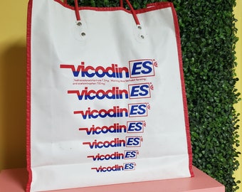 Vintage 1980s Vicodin ES Drug Pharmaceutical Advertisement Vinyl Promo Swag Bag 1986 hydrocodone bitartrate acetaminophen shopping sack