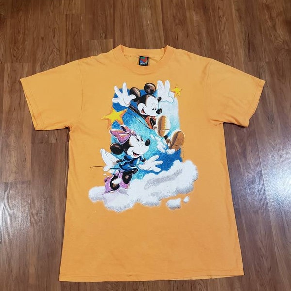 Vintage Disney Mickey and Minnie mouse orange tshirt Mickey Unlimited late 90s dancing on clouds stars Large heavy screen print