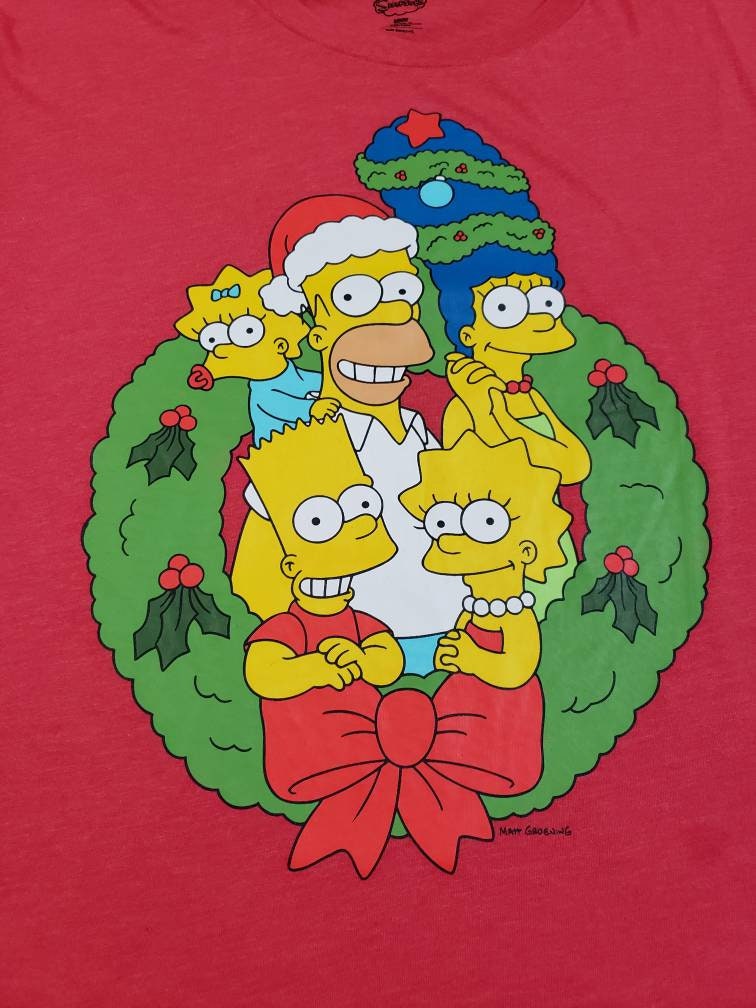 The Simpsons Family - Official by Maggie Tshirt Merch Christmas Picture Homer Lisa Etsy Red Groening Marge Matt Bart Wreath Size Large Shirt