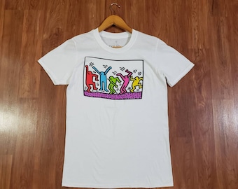 Keith Haring official merch Dancing colorful Figures Size Small vtg pop art heavy screen print NWT 90's reprint holiday gift big spellout